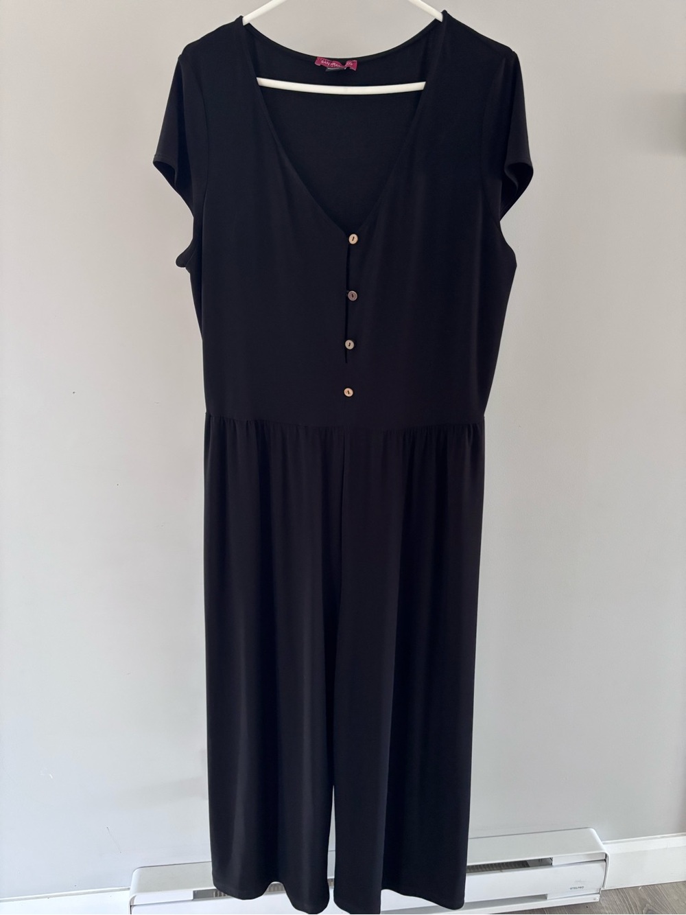 Cropped Black V-Neck Short Sleeve Jumpsuit with Button Front